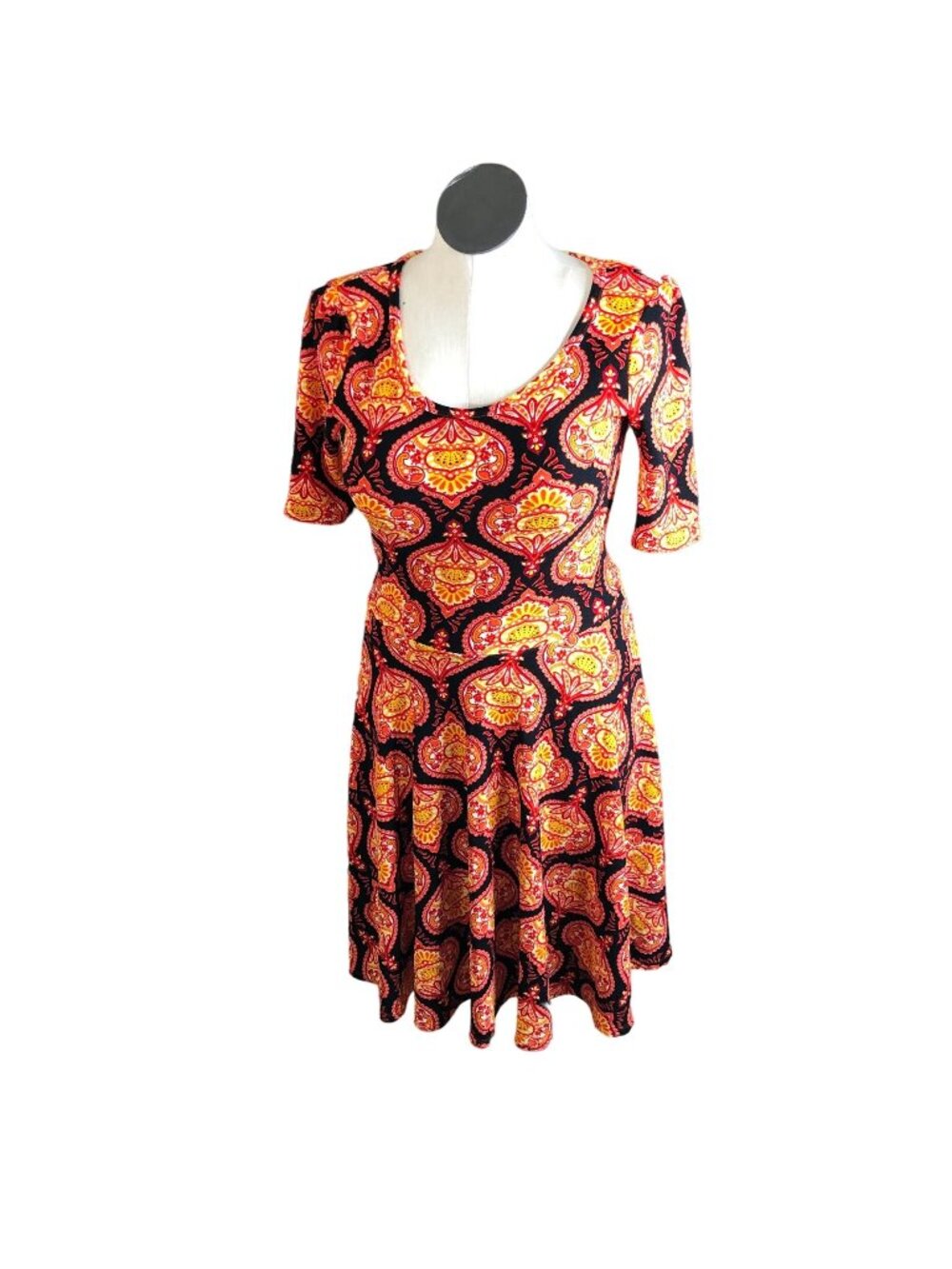 LuLaRoe Nicole Dress Womens L Paisley Print Stretchy Sleeves Red Black